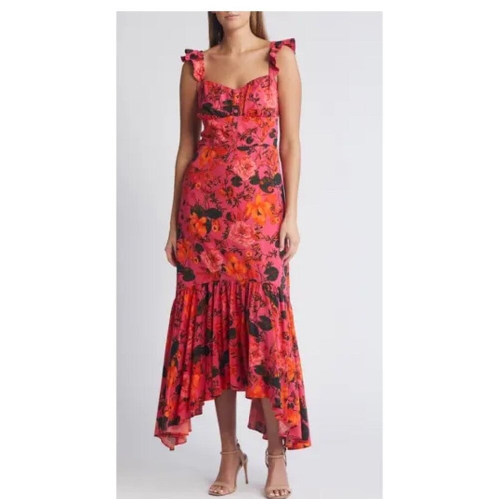Chelsea28 Pink Floral Ruffle Strap Midi Dress Size XXS Boho Handkerchief Hem